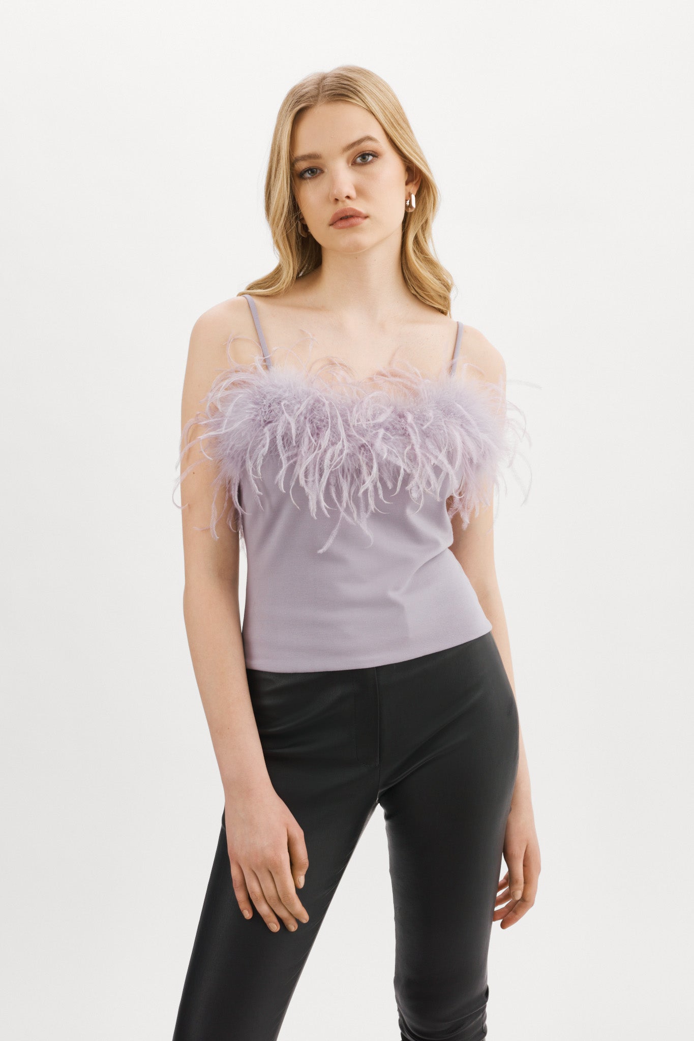 Lilac Feather Trim Knit Leggings, Knitwear