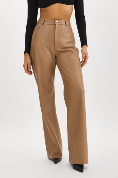 Mocha Faux Leather Cropped Wide Leg Trousers