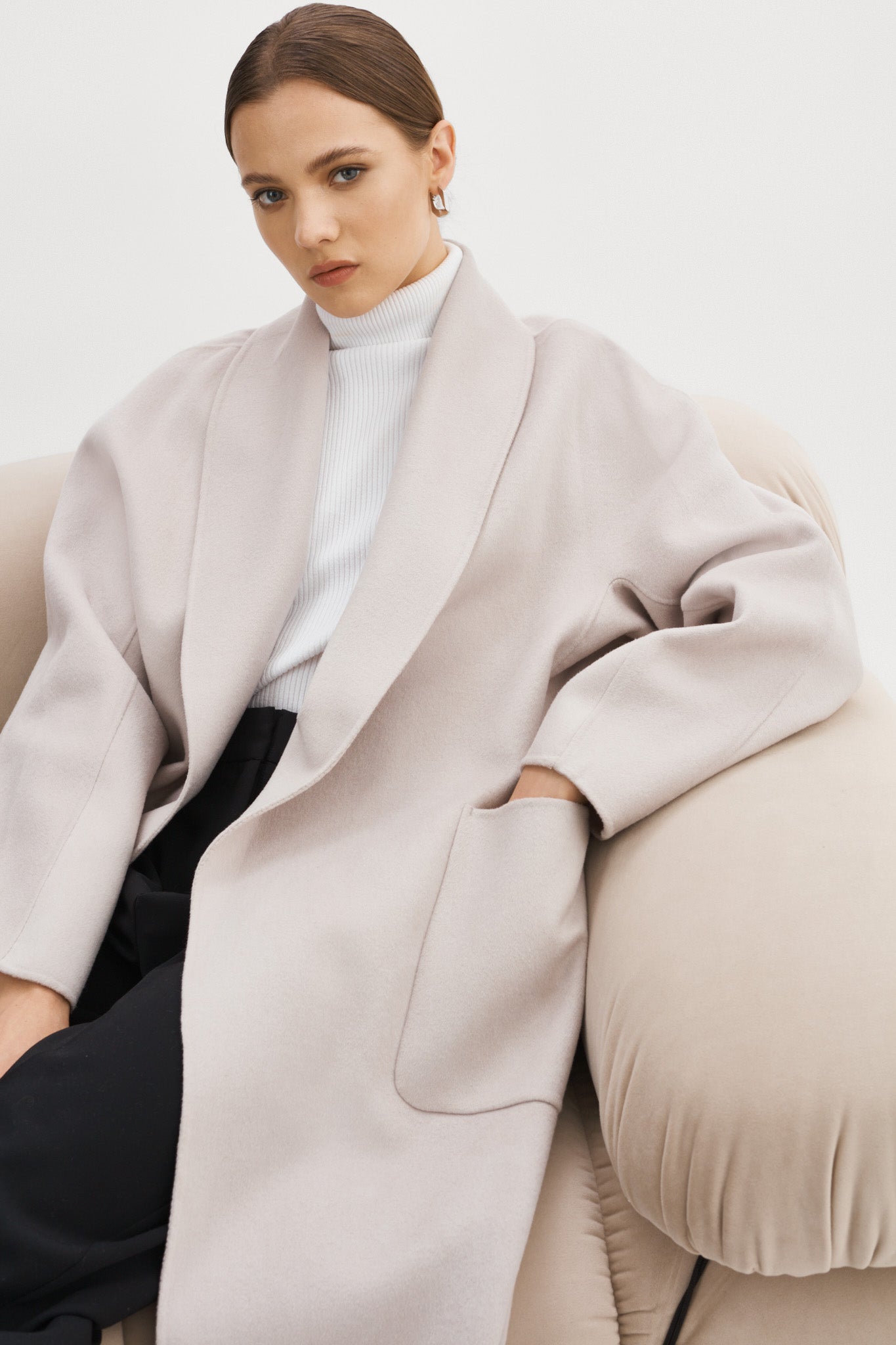 THARA | Shawl Collar Wool Coat - FEATHER GREY / XS/S